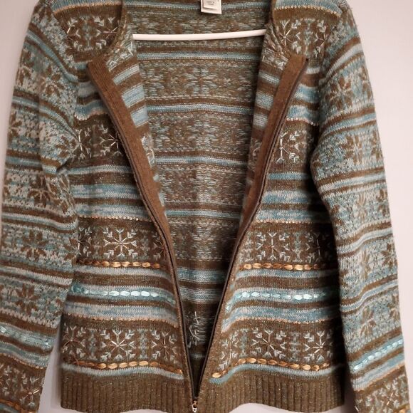 Talbots Lambswool Fair Isle Snowflake Embellished Full Zip Cardigan Size S - Picture 3 of 6